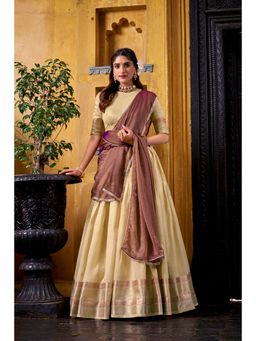 LooknBook Art - Festive Dupion Silk Zari Chaniya Stitched Yellow Lehenga with Blouse and Dupatta