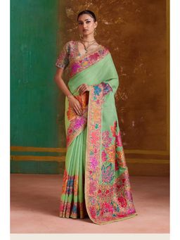 Mysilklove - Celadon Green Kashmiri Handloom Jamewar Saree with Unstitched Blouse