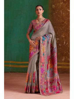 Mysilklove - French Grey Kashmiri Handloom Jamewar Saree with Unstitched Blouse
