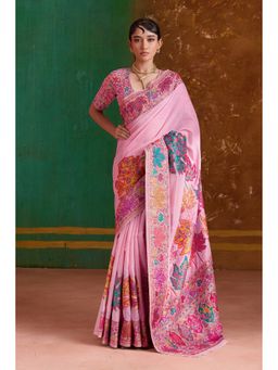 Mysilklove - Rubicund Pink Kashmiri Handloom Jamewar Saree with Unstitched Blouse