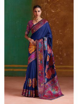Mysilklove - Celeste Blue Kashmiri Handloom Jamewar Saree with Unstitched Blouse