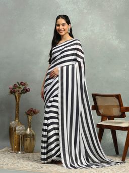 MEENA BAZAAR - Stone Work Satin Black Saree Without Blouse