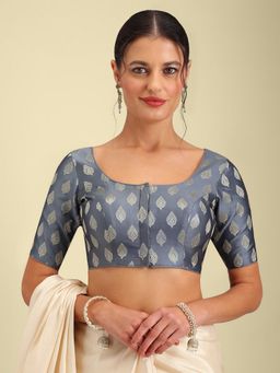 HAPPY OWL - Designer Grey Silk Half Sleeves Woven Stitched Blouse