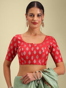 HAPPY OWL - Designer Red Silk Half Sleeves Woven Stitched Blouse