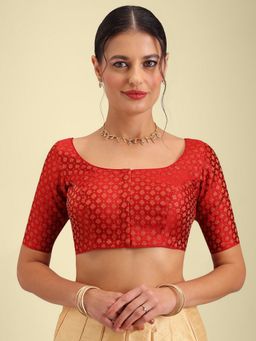HAPPY OWL - Designer Red Silk Half Sleeves Woven Stitched Blouse