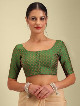 HAPPY OWL - Designer Green Silk Half Sleeves Woven Stitched Blouse