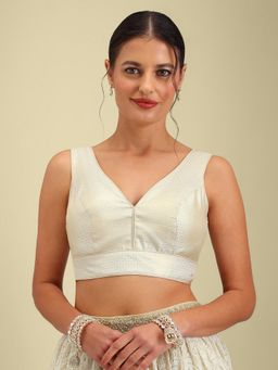 HAPPY OWL - Designer White Silk Sleeveless Woven Stitched Blouse