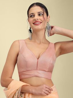 HAPPY OWL - Designer Peach Silk Sleeveless Woven Stitched Blouse