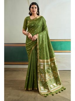 Mysilklove - Batorange Green Tussar Handloom Silk Saree with Unstitched Blouse
