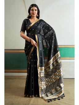 Mysilklove - Ghost Black Tussar Handloom Silk Saree with Unstitched Blouse