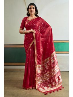 Mysilklove - Caramel Red Tussar Handloom Silk Saree with Unstitched Blouse