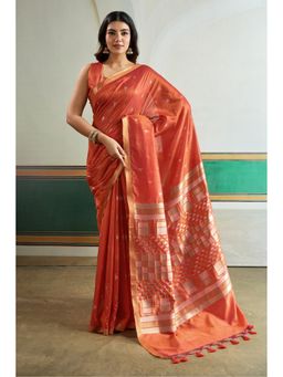 Mysilklove - Honeydew Orange Tussar Handloom Silk Saree with Unstitched Blouse