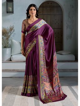 Mysilklove - Purple Printed Satin Crepe Silk Saree with Unstitched Blouse