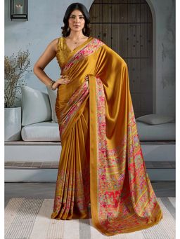 Mysilklove - Daisy Yellow Printed Satin Crepe Silk Saree with Unstitched Blouse