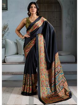 Mysilklove - Black Cat Printed Satin Crepe Silk Saree with Unstitched Blouse