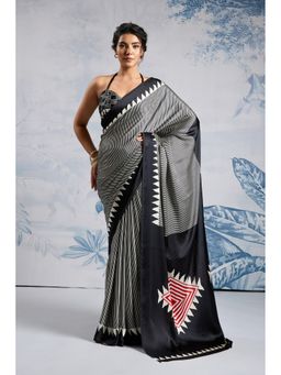 Mysilklove - Melanie Black Stripe Ajrakh Printed Satin Crepe Silk Saree with Unstitched Blouse