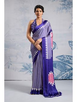 Mysilklove - Amatista Purple Stripe Ajrakh Printed Satin Crepe Silk Saree with Unstitched Blouse