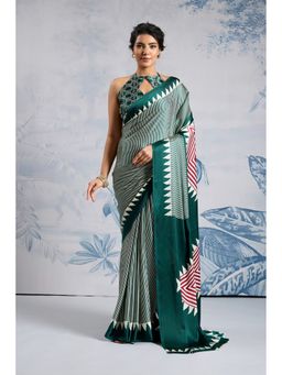 Mysilklove - Beryl Green Stripe Ajrakh Printed Satin Crepe Silk Saree with Unstitched Blouse
