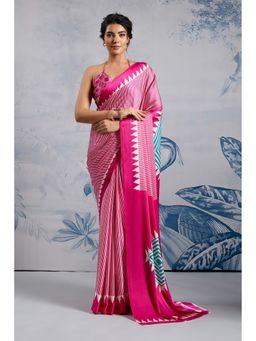 Mysilklove - Erica Pink Stripe Ajrakh Printed Satin Crepe Silk Saree with Unstitched Blouse