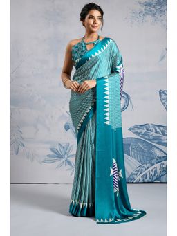 Mysilklove - Isla Blue Stripe Ajrakh Printed Satin Crepe Silk Saree with Unstitched Blouse