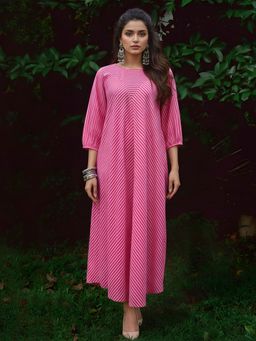 Dora Dori - Cotton Striped Printed Pink Maxi Dress