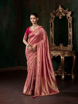 MEENA BAZAAR - Embroidered Art Silk Pink Saree Without Blouse