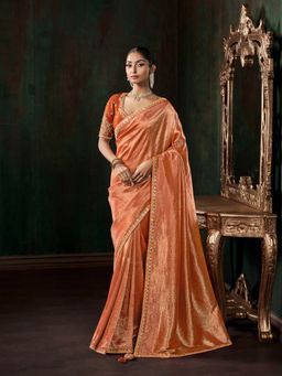 MEENA BAZAAR - Embroidered Art Silk Peach Saree Without Blouse