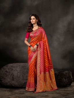 MEENA BAZAAR - Woven Art Silk Rust Saree Without Blouse
