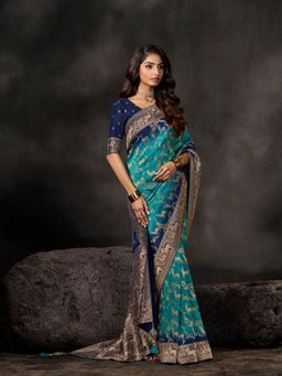 MEENA BAZAAR - Woven Art Silk Blue Saree Without Blouse