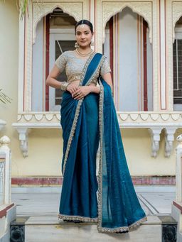 MEENA BAZAAR - Embellished Art Silk Blue Saree Without Blouse