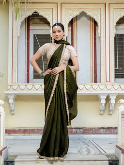 MEENA BAZAAR - Embellished Art Silk Green Saree Without Blouse