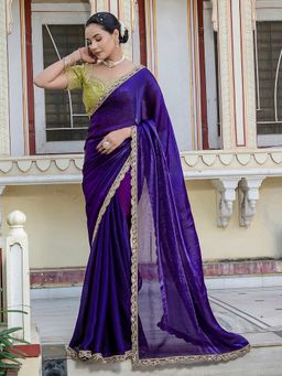 MEENA BAZAAR - Embellished Art Silk Purple Saree Without Blouse