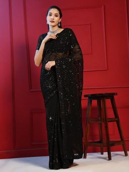 MEENA BAZAAR - Embellished Georgette Black Saree Without Blouse