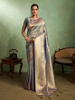 MEENA BAZAAR - Woven Art Silk Grey Saree Without Blouse