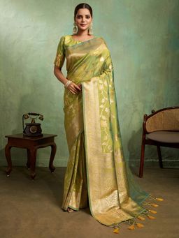 MEENA BAZAAR - Woven Art Silk Green Saree Without Blouse