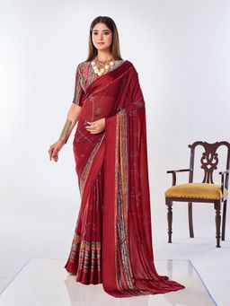 MEENA BAZAAR - Printed Crepe Red Saree Without Blouse