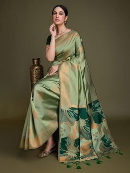 MEENA BAZAAR - Woven Art Silk Green Saree Without Blouse