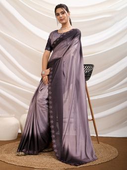 MEENA BAZAAR - Embellished Art Silk Brown Saree Without Blouse