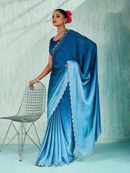 MEENA BAZAAR - Embellished Satin Blue Saree Without Blouse