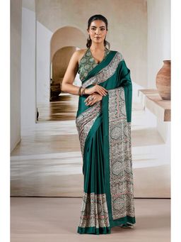Mysilklove - Ainsley Green Ajrakh Printed Satin Crepe Silk Saree with Unstitched Blouse