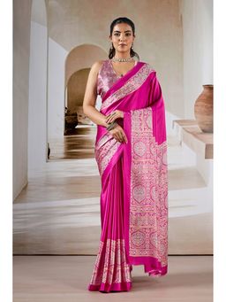 Mysilklove - Flower Bloom Pink Ajrakh Printed Satin Crepe Silk Saree with Unstitched Blouse