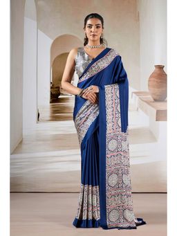 Mysilklove - Azure Blue Ajrakh Printed Satin Crepe Silk Saree with Unstitched Blouse