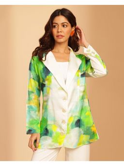 Navyasa By Liva - Green Slub Satin Abstract Printed Blazer Style Jacket