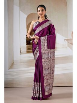 Mysilklove - Purple Pizzazz Ajrakh Printed Satin Crepe Silk Saree with Unstitched Blouse