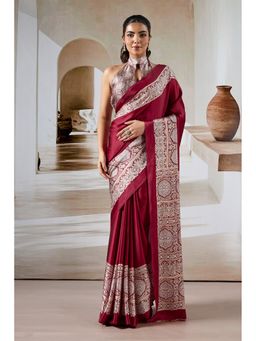Mysilklove - Deep Cherry Maroon Ajrakh Printed Satin Crepe Silk Saree with Unstitched Blouse