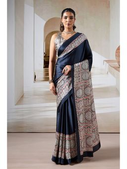 Mysilklove - Grease Black Ajrakh Printed Satin Crepe Silk Saree with Unstitched Blouse