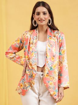 Navyasa By Liva - Pink Satin Floral Printed Shawl Collar Shrug