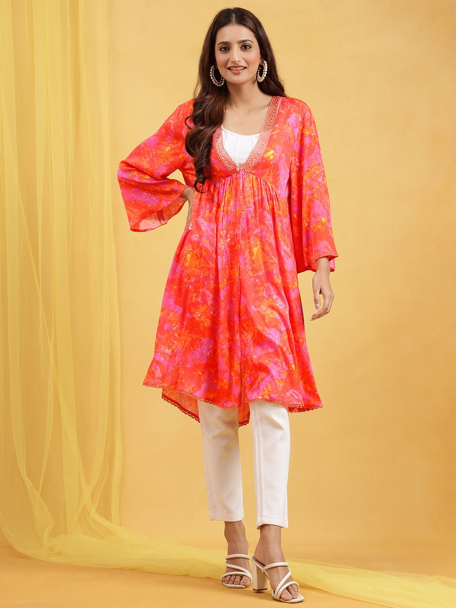 Orange Heavy Munga Satin Abstract Printed Shrug-image-7
