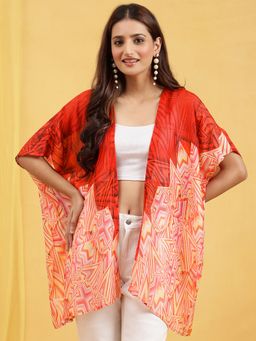 Navyasa By Liva - Red Shimmer Geometric Printed Shrug