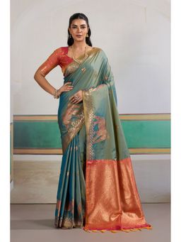 Mysilklove - Sun Faded Blue Banarasi Handloom Saree with Unstitched Blouse